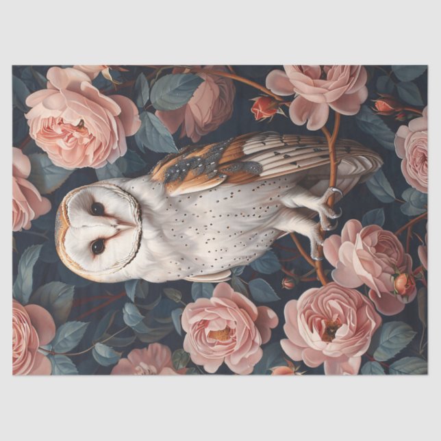 Barn Owl Perched Among Pink Roses Decoupage Tissue Paper (Front)