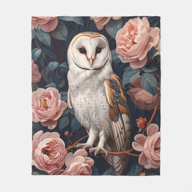 Barn Owl Perched Among Pink Roses Fleece Blanket (Front)