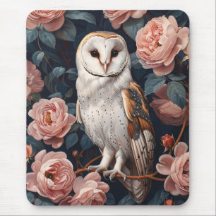 Barn Owl Perched Among Pink Roses Mouse Mat
