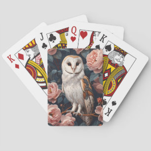 Barn Owl Perched Among Pink Roses Playing Cards