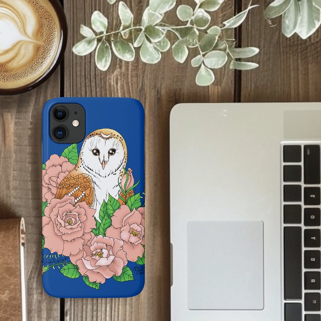 Barn Owl Pink Flowers Blue Case-Mate iPhone Case (Creator Uploaded)
