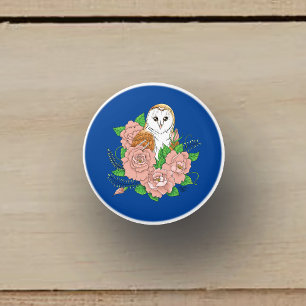 Barn Owl Pink Flowers Blue Ceramic Knob