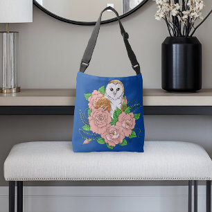 Barn Owl Pink Flowers Blue Crossbody Bag