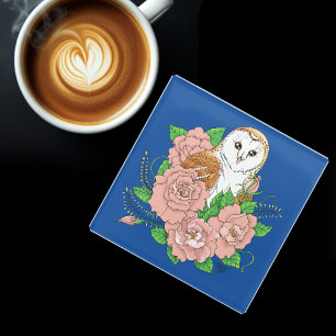 Barn Owl Pink Flowers Blue Glass Coaster
