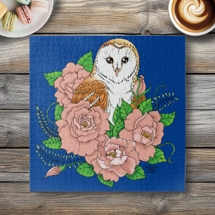 Barn Owl Pink Flowers Blue Jigsaw Puzzle