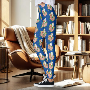 Barn Owl Pink Flowers Blue Leggings