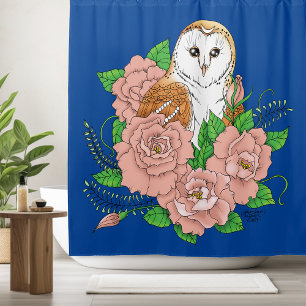 Barn Owl Pink Flowers Blue Shower Curtain
