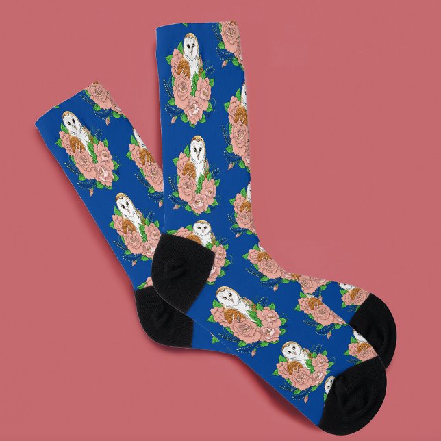 Barn Owl Pink Flowers Blue Socks (Creator Uploaded)
