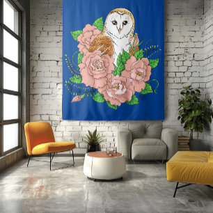Barn Owl Pink Flowers Blue Tapestry