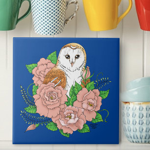 Barn Owl Pink Flowers Blue Tile