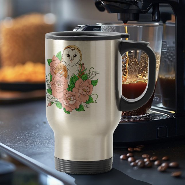 Barn Owl Pink Flowers Blue Travel Mug (Creator Uploaded)