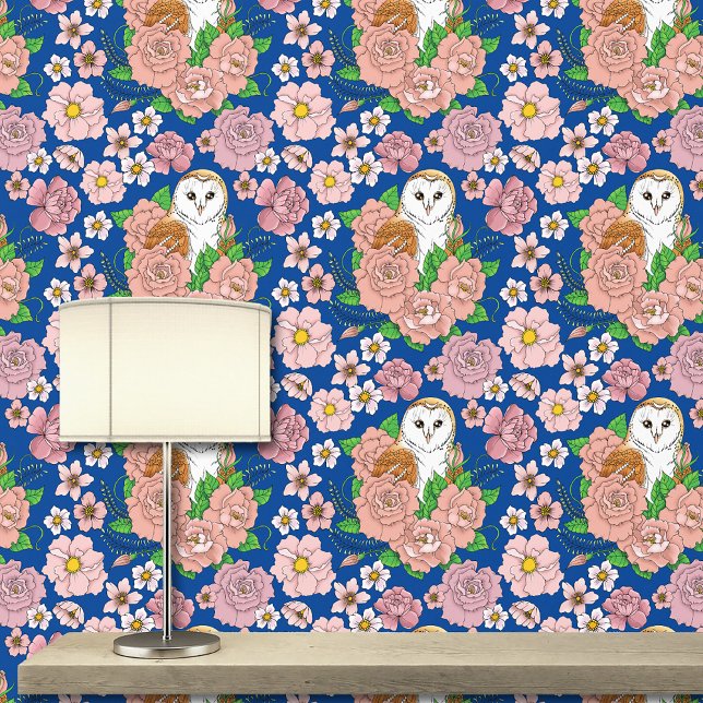 Barn Owl Pink Flowers Blue Wallpaper (Creator Uploaded)
