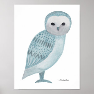 Barn Owl Poster Blue White Owl Wall Art Print