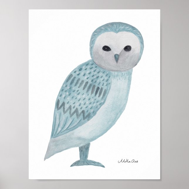 Barn Owl Poster Blue White Owl Wall Art Print (Front)