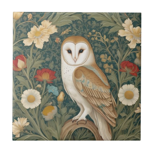 Barn Owl William Morris style Left facing Flowers Tile (Front)