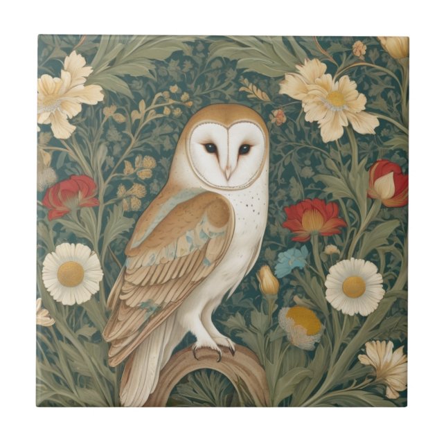 Barn Owl William Morris style Right facing Flowers Tile (Front)