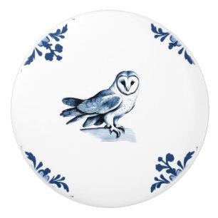 Barn Owl with Delft Blue and White Corner woodland Ceramic Knob