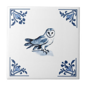 Barn Owl with Delft Blue and White Corner woodland Tile