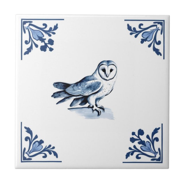 Barn Owl with Delft Blue and White Corner woodland Tile (Front)