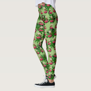 Barn Owls, Leaves And Pink Lotus Flowers, Leggings
