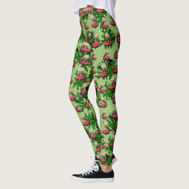 Barn Owls, Leaves And Pink Lotus Flowers, Leggings (Left)
