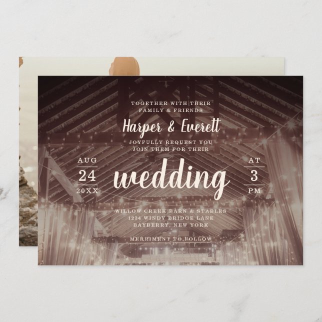 Barn Rafters with String Lights Photo Wedding Invitation (Front/Back)