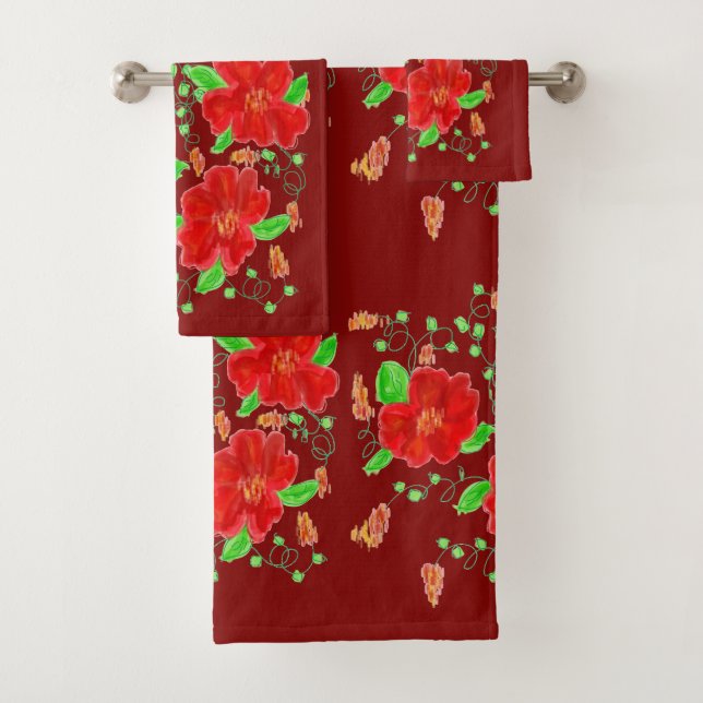 Barn Red Flowered Bath Towel Set (Insitu)