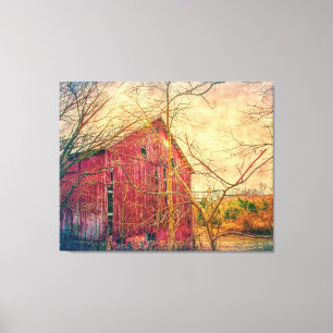  BARN RED RUSTIC PRINT ON STRETCHED 3 PANEL CANVAS