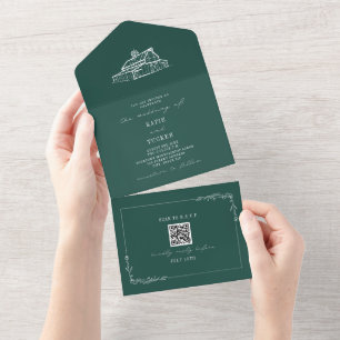 Barn Rustic Farm Wedding Emerald QR All In One Invitation