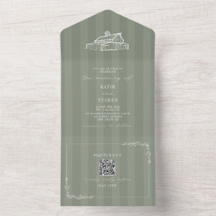 Barn Rustic Farm Wedding Sage Green Stripe QR All In One Invitation