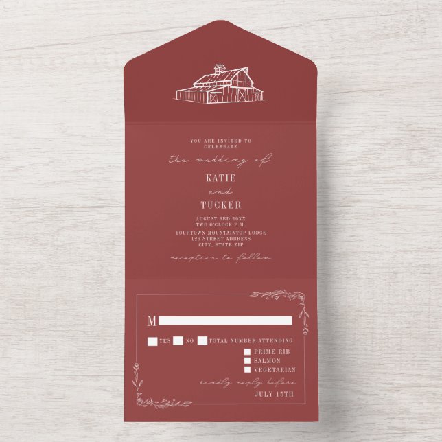 Barn Rustic Muted Red Farm Wedding RSVP All In One Invitation (Inside)