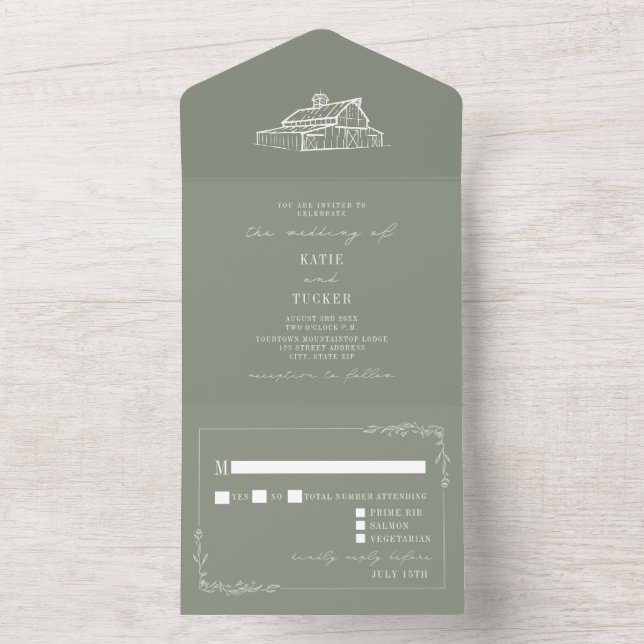 Barn Rustic Sage Green Wedding RSVP All In One Invitation (Inside)