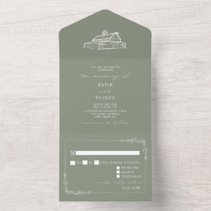 Barn Rustic Sage Green Wedding RSVP All In One Invitation