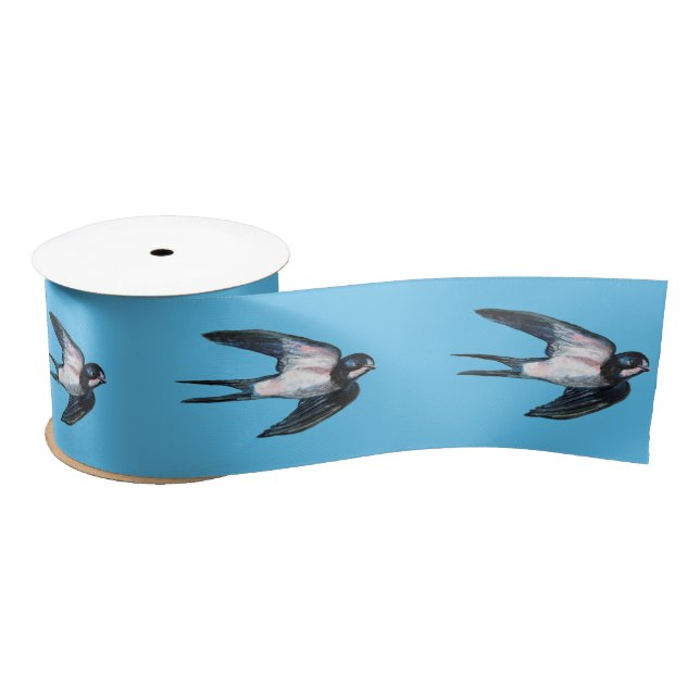 Barn Swallow Flying Illustration Sky Blue Satin Ribbon (Spool)