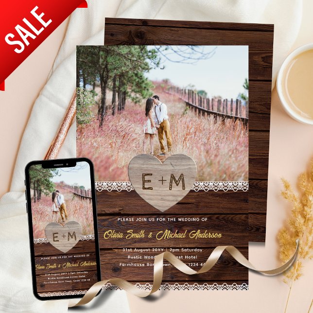 Barn Wedding | Rustic Wood Lace Photo Heart Love Invitation (Creator Uploaded)