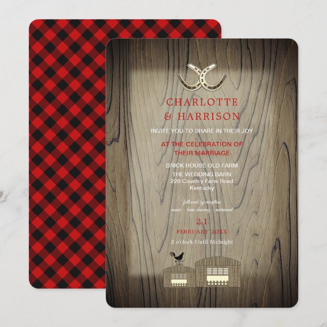 Barn Wedding Wood Red Buffalo Plaid Country Rustic Invitation (Front/Back)