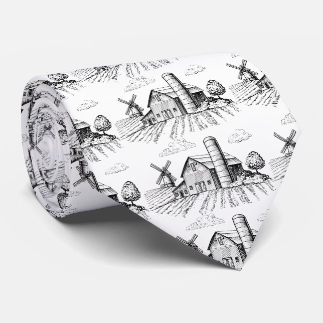 Barn Windmill Farm Sketch Men's Pattern Tie (Rolled)