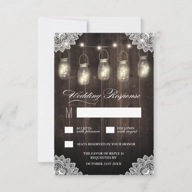 Barn Wood and Lace Mason Jar Wedding RSVP Cards (Front)