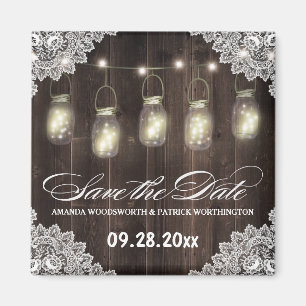 Barn Wood and Lace Mason Jar Wedding Save the Date Magnet