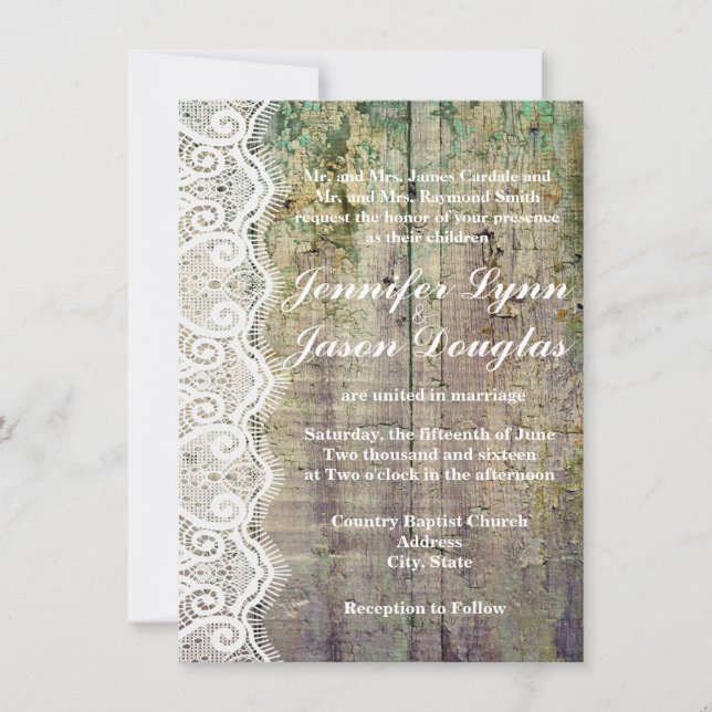 Barn Wood and Lace Rustic Wedding Invitations (Front)