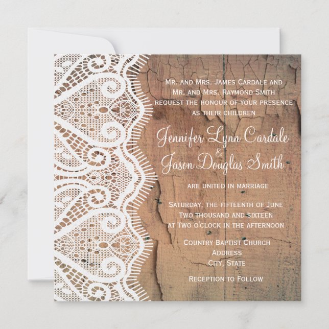 Barn Wood and Lace Square Wedding Invitations (Front)