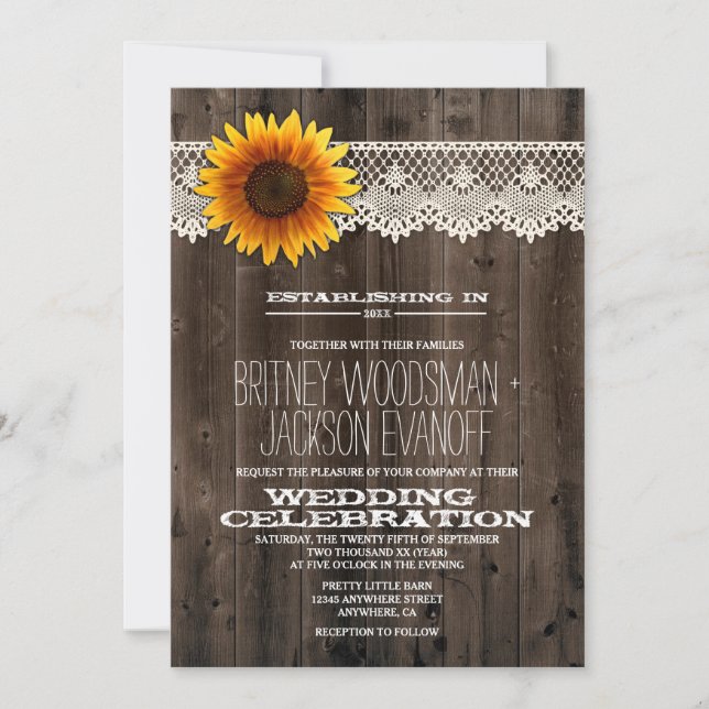 Barn Wood and Lace Sunflower Wedding Invitations (Front)