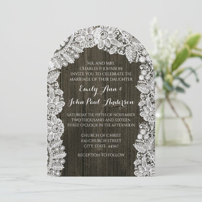 Barn Wood and Lace Wedding Invitations (Standing Front)