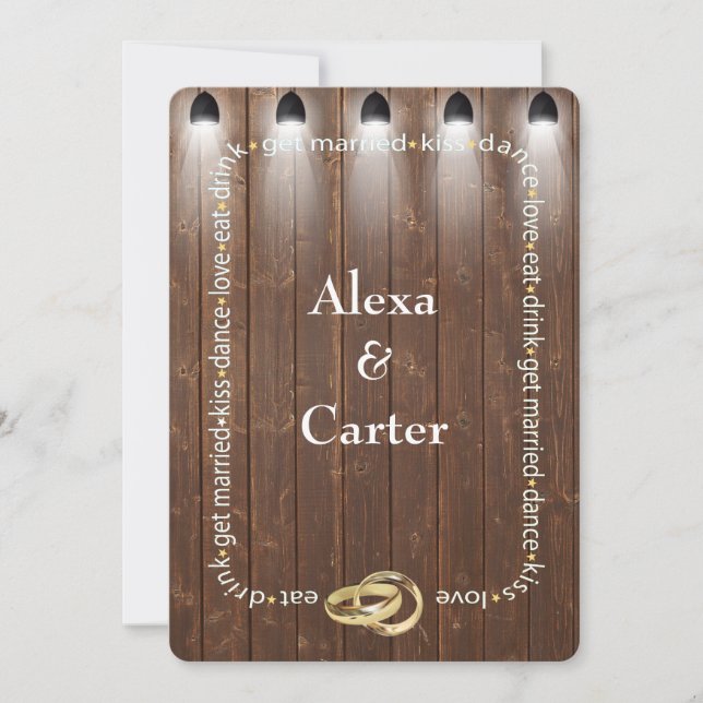 Barn Wood and Spotlights Wedding Invitation (Front)