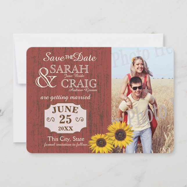 Barn Wood and Sunflower Photo Save the Date (Front)