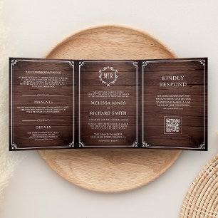 Barn Wood and White Monogram QR Code Wedding Tri-Fold Invitation