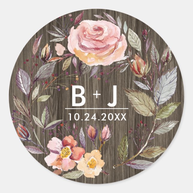 Barn Wood Autumn Flowers Wedding Monogram Stickers (Front)