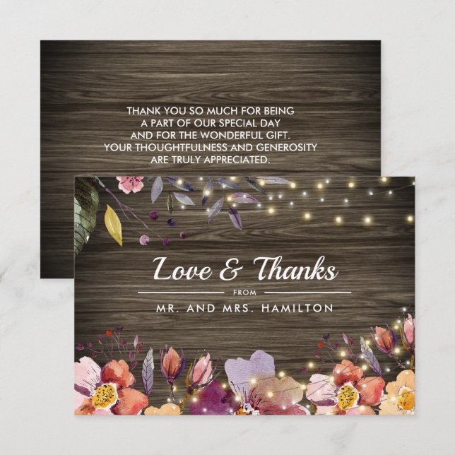 Barn Wood Autumn Flowers Wedding Thank You Card (Front/Back)