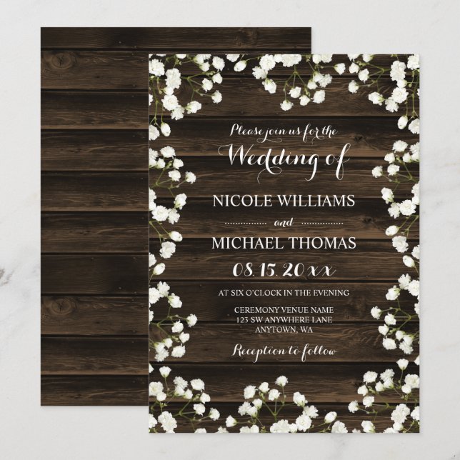 Barn Wood Baby's Breath Border Wedding Invitations (Front/Back)