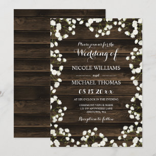 Barn Wood Baby's Breath Border Wedding Invitations